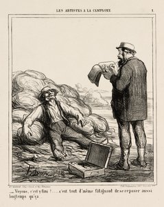 "- Nå, er du endelig færdig... det er trods alt trættende at slappe af i så lang tid," plade 1 fra Les Artistes A La Campagne af Honoré Victorin Daumier