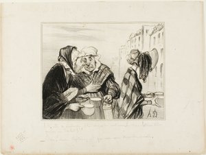 "- Sikke et postyr, det sure fjæs fra femte sal laver! Iført hat bare for at købe to kopper mælk for en sou! - Åh, Madame Capitaine, er vi ikke smarte i dag ...", plade 36 Types Parisiens af Honoré Victorin Daumier