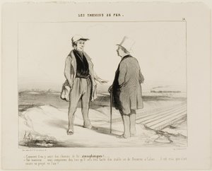 "- Hvad mener du med, at der snart kommer flytog - Men selvfølgelig, Monsieur... ser du, så vil det være meget nemt at etablere en forbindelse mellem Dover og Calais... men selvfølgelig er projektet stadig svævende i luften," plade 14 fra The Railr af Honoré Victorin Daumier
