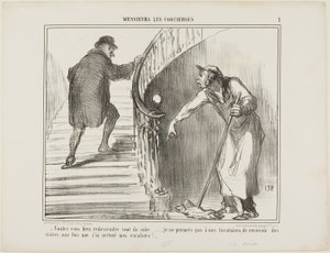 "- Vil De venligst komme tilbage med det samme... Jeg tillader ikke mine lejere at modtage besøg, når jeg har gjort rent i opgangen," plade 1 fra Messieurs Les Concierges af Honoré Victorin Daumier