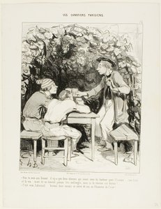 "- Ser du, min ven Durand.... der er kun to vigtige komponenter i lykken for en mand: vand og vin ... men de må aldrig blandes, ellers mister de deres charme. - Ganske rigtigt, Cabassol.... lad os drikke endnu et glas vin til ære for wat af Honoré Victorin Daumier