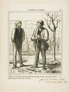 "- Du ser ud til at nyde at gøre mit arbejde. Til gengæld kunne jeg tilbyde at gøre dit arbejde: Jeg vil køre en tur i din vogn!", plade 249 fra Les Parisiens A La Campagne af Honoré Victorin Daumier