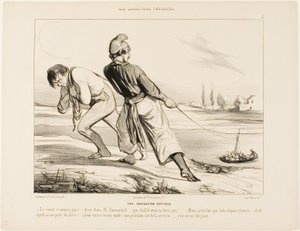 En vanskelig navigation. "- Båden bevæger sig ikke! Træk Dumouchel, træk.... hvorfor fanden trækker du ikke! - Men jeg har ikke lavet andet i de sidste tre timer!.... og det her kaldes en fornøjelsestur! Jeg vil hellere sælge mine svesker i rue de la Verre af Honoré Victorin Daumier