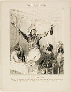 En sidste skål! "Mine herrer, lad os ikke gå om bord igen uden en sidste skål til ære for de to ting, der mest af alt giver vores liv charme ... lad os skåle for damerne og det kolde kalvekød!", tallerken 18 fra Les Canotiers Parisiens. af Honoré Victorin Daumier