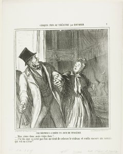 En misforståelse på Odeon på en dag med drama. "- Kom nu, kom nu, lad os gå! - Jeg siger jo, at det ikke er færdigt. Tæppet er gået op igen, og der er stadig Roman på scenen," planche 4 fra Croquis Pris Au Théatre par Daumier af Honoré Victorin Daumier