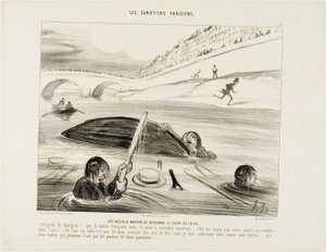 En ny måde at flyde ned ad livets flod på. - Radiguet, din slyngel, til helvede med dig, din båd og din nye opfindelse.... det er din skyld, at hele udflugten gik i vasken. - Kom nu.... ingen grund til at skrige ad helvede til. Jeg er bare vred over min bå af Honoré Victorin Daumier
