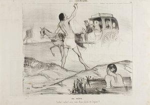 En praktisk vittighed. "Chauffør! Chauffør! Har du stadig to pladser i kaninafdelingen", plade 24 fra Les Baigneurs af Honoré Victorin Daumier