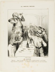 En reception. "Mine herrer..... lad os skåle for de franske sejleres helbred i almindelighed og for den nye holdkammerat Greluchon i særdeleshed!.... og mens vi venter på hans ilddåb, giver vi ham i mellemtiden en med vand," plade 10 fra Les Canoti af Honoré Victorin Daumier