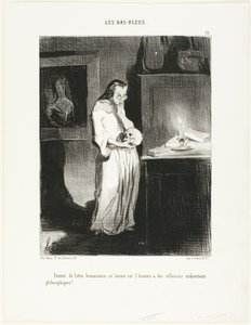 En humanistisk lærd kvinde, der hengiver sig til hjernefilosofiske overvejelser om mennesket, planche 15 fra Les Bas-Bleus af Honoré Victorin Daumier