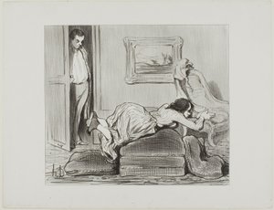 En ivrig studerende øver sig derhjemme, planche 6 fra Les Baigneuses af Honoré Victorin Daumier