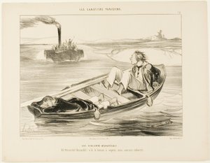 Et ubehageligt møde. "Bernardel, Bernardel! Her kommer damperen ... vi vil synke!", plade 16 fra Les Canotiers Parisiens af Honoré Victorin Daumier