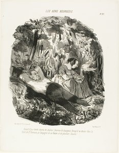 Ved 30 °C er den heldig, der kan flygte og slumre i skoven i Saint-Germain sammen med sin kone og et par firben, tallerken 27 fra Les Bons Bourgeois. af Honoré Victorin Daumier