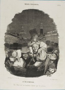 Ved fyrværkeriet. En far er en trækhest, stillet til rådighed af naturen, planche 33 fra Moeurs Conjugales og planche 14 i Actualités af Honoré Victorin Daumier