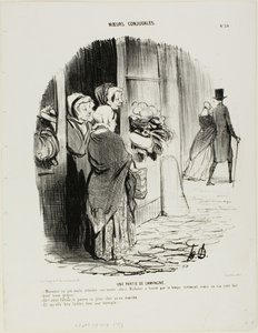 Landlig underholdning. "- Monsieur ville ikke vente på sin nevø, og Madame mente, at det måske snart ville begynde at regne, men det var han ligeglad med. - Sikke en gammel gnier! - Bare rolig, mor Poirier, det kommer han til at betale dyrt for ... mere en af Honoré Victorin Daumier