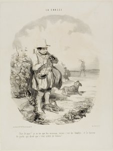 "Forbandede land! Jeg skyder kun spurve.... og kun hunner ... og denne geniale vagt insisterede på, at stedet er fuld af kaniner," plade 5 fra La Chasse af Honoré Victorin Daumier