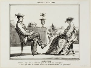 Ferie på landet. "- Livet på landet er virkelig ikke så underholdende, som de alle siger. - Og tænk, at foråret kun lige er begyndt," planche 14 fra Ces Bons Parisiens af Honoré Victorin Daumier