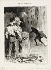 "Hvor fjollet! Se bare, hvordan de løber. Det er, hvad man får, når man er det forkerte sted. Bare vent! Næste gang siger du til i forvejen, så skal vi nok passe godt på dig...", plade 1 fra Émotions Parisiennes af Honoré Victorin Daumier