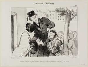 Hvordan man overbeviser en ung mand om endelig at lære at vise sine forældre respekt, planche 26 fra Professeurs et Moutards (Professorer og skurke) af Honoré Victorin Daumier