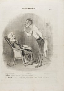 Ægtemand: "Min kære, hvad med et første kys på min hage" Konen (ved siden af): "Tænk, at jeg er gift med dette ansigt!", plade 21 fra Moeurs Conjugalesa af Honoré Victorin Daumier