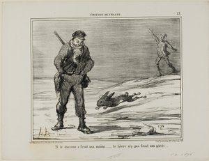 Hvis jægeren har kolde hænder ... haren har ikke kolde fødder, plade 22 fra Émotions De Chasse af Honoré Victorin Daumier