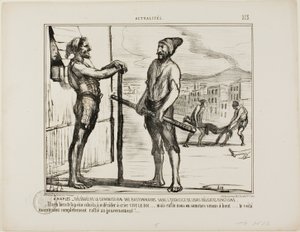Det er Napoli. - Bastonnadekommissionen under deres delikate arbejde. "- Det tog et stykke tid at få ham her til at råbe: "Længe leve kongen!" ... men til sidst kom vi til bunds ... og nu er han helt på regeringens side ...", plade 213 fra Actu af Honoré Victorin Daumier