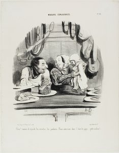 "Se! Se, hvordan hans øjne er rettet mod saveloys og ham.... det ser ud til, at vi kan lide fars job..... min lille gris!", plade 51 fra Moeurs Conjugales af Honoré Victorin Daumier