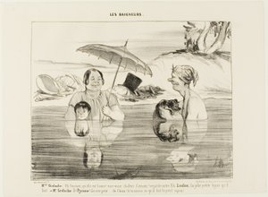 Madame Greluche: "Åh, Gustave, hvor er det godt! En rigtig beroligende varme! Se vores søn Loulou, hvor han dog ser sød ud!" Hr. Greluche: "Og Pyramus, han er bange, bange som en hund. Hvis du bare vidste, hvad han laver lige nu, den lille slyngel", plade  af Honoré Victorin Daumier