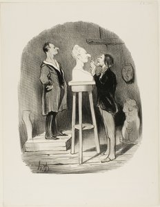 Monsieur Filochard, tidligere butiksindehaver, pensioneret, føler behov for at videregive sin buste i marmor til selv den fjerneste eftertid, plade 68 fra Les Bons bourgeois af Honoré Victorin Daumier