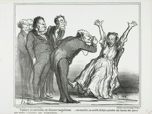 Flere vidundere fra diamanthypnotisøren. Eller hvordan man får damerne til at posere i selskabet i anstrengende og ikke særlig yndefulde stillinger, plade 137 fra Actualités af Honoré Victorin Daumier
