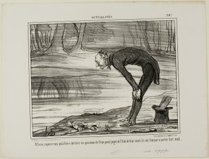 Coste bemærker, at de fisk, han tog op af vandet for at analysere deres sundhedstilstand, ender med slet ikke at have det godt, plade 387 fra Actualités af Honoré Victorin Daumier