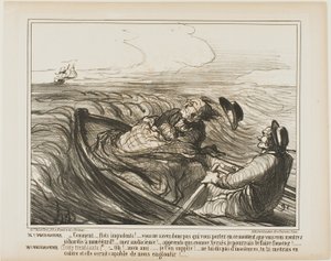 Hr. Prudhomme: "- Afskyelige bølger.... ved du ikke, hvem du bærer på i dette øjeblik... åh frække... vid, at jeg som Xerxes vil piske dig forfærdeligt." Mme Prudhomme: (rystende af frygt) "- Jeg beder dig, min kære ven, fornærm ikke havet længere... du af Honoré Victorin Daumier