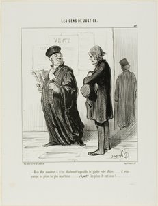 "Min kære mand ... det er virkelig helt umuligt for mig at påtage mig din sag.... du mangler det vigtigste bevismateriale.... (bortset fra) pengene til at betale mine honorarer", plade 20 fra Les Gens De Justice af Honoré Victorin Daumier