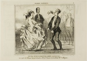 Ny underholdning ved de parisiske aftenfester. Hume barberer skægget af Monsieur de St. Potard og sætter håret af Madame Coffignon, plade 8 fra Ces Bons Parisiens. af Honoré Victorin Daumier