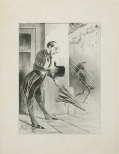 Ny patenteret paraply med et forbedret fjedersystem, der åbner sig hurtigt ved den mindste berøring (se venligst vores annonce i sagen), plade 33 fra Émotions Parisiennes. af Honoré Victorin Daumier