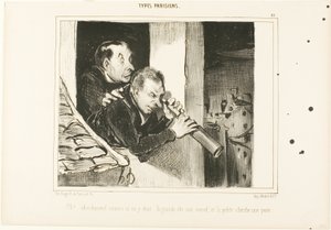 "Åh! Det er, som om vi var der: den høje åbner sit korset, og den lille leder efter en loppe!", plade 27 fra Types Parisiens af Honoré Victorin Daumier
