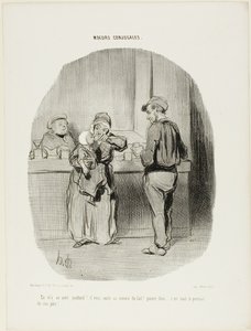 "Almindelig lille drukkenbolt er han!... han sluger det som mælk! Stakkels lille skat ... han er ligesom sin far!", plade 42 fra Moeurs Conjugales af Honoré Victorin Daumier