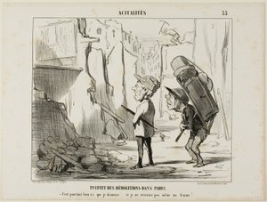 Resultatet af nedrivningen af bygninger i Paris. "- Det var trods alt her, jeg plejede at bo...., og jeg kan ikke engang finde min kone længere", plade 55 fra Actualités af Honoré Victorin Daumier