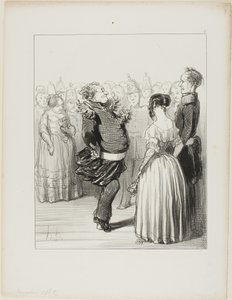 Rifolard åbner bolden og udfører et dristigt dansetrin fremad, som får udbredt ros, plade 5 fra Les Banqueteurs af Honoré Victorin Daumier