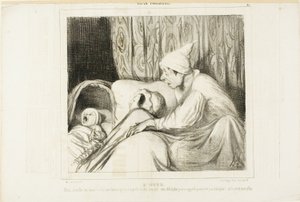 Sans for hørelse. "- Vågn op Nini!.... Jeg har kaldt på hende i mere end en time, og hun svarer altid: ja Adolphe. Men hverken barnets eller mit navn er Adolphe!", plade 41 fra Types Parisiens af Honoré Victorin Daumier