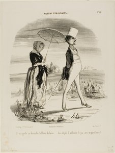 "Så det er det, der kaldes at følge livets strøm.... at være tvunget til at marchere i takt med sådan et fjols!", plade 52 fra Moeurs Conjugales af Honoré Victorin Daumier