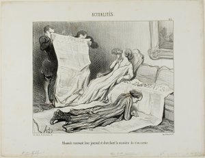 Abonnenter, der forsøger at klare sig med deres avis, plade 115 fra Actualités af Honoré Victorin Daumier