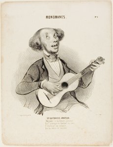Amatørguitaristen. Han trodser alles gab, når han synger sit ynkelige vers, han ville synge en salonsang, på universets ruiner ...", plade 4 fra Monomanes af Honoré Victorin Daumier