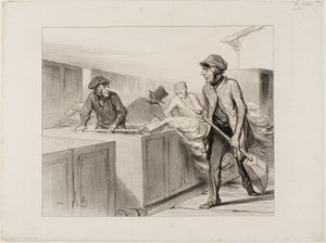 Badekarsbilerne. "- Sig mig, Jerome.... så du disse rejsende i går, som klagede over vores biler under påskud af, at regnen generede dem - For kun 7 franc rejste de til Orléans, inklusive et fire timers bad.... der er folk, der.... af Honoré Victorin Daumier