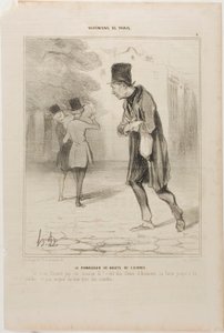 Samleren af cigarstumper. "Hvornår er de skiderikker endelig færdige med at ryge! De er pantefogeder; de ryger, indtil der kun er aske tilbage. Man kan ikke klemme en centime ud af dem," planche 4 fra Bohémiens De Paris af Honoré Victorin Daumier