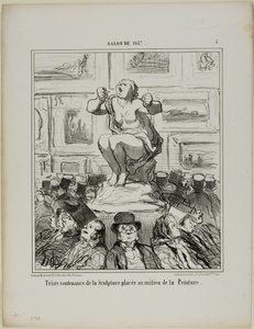 Ubehaget ved en skulptur placeret midt i en udstilling af malerier, planche 5 fra Salon De 1857 af Honoré Victorin Daumier