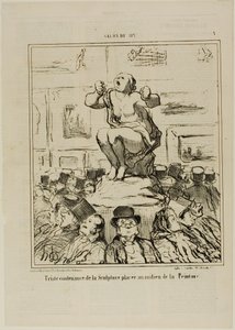 Ubehaget ved en skulptur placeret midt i en udstilling af malerier, planche 5 fra Salon De 1857 af Honoré Victorin Daumier