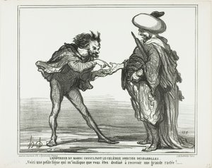 Kejseren af Marokko i samråd med den berømte tryllekunstner Desbarolles. "- Denne lille streg her indikerer for mig, at du vil få en kongelig røvfuld!", plade 126 fra Actualités af Honoré Victorin Daumier