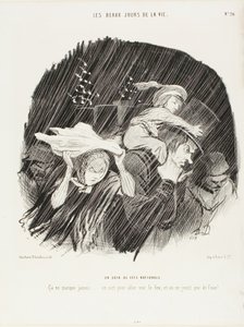 Aftenen på den nationale helligdag. Det slår aldrig fejl ... man går ud for at se fyrværkeriet, og alt, hvad man får, er vandpjaskeri!, planche 20 fra De bedste dage i livet af Honoré Victorin Daumier