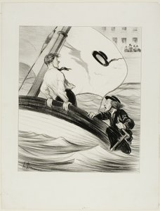 Et vindpust. "- Åh pokkers! Jeg har mistet min hat! - Bare rolig...., da det er vandpølse...., vil du ikke have noget problem med at finde den igen i Rouen!", plade 17 fra Les Canotiers Parisiens af Honoré Victorin Daumier
