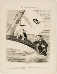 Et vindpust. "- Åh pokkers! Jeg har mistet min hat! - Bare rolig...., da det er vandpølse...., vil du ikke have noget problem med at finde den igen i Rouen!", plade 17 fra Les Canotiers Parisiens af Honoré Victorin Daumier